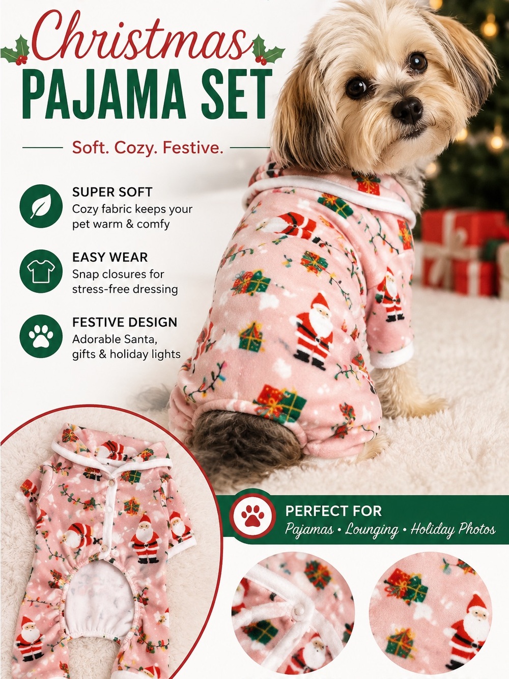 Holiday Dog Pajama Onesie — Pink Christmas Print